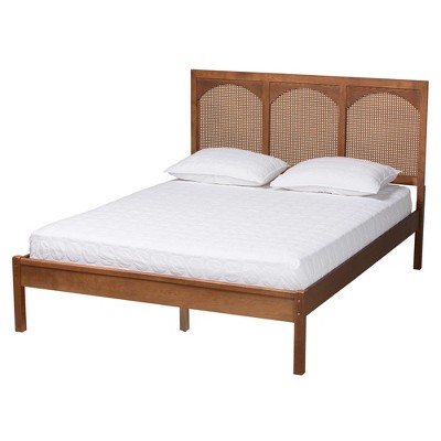 Queen Walnut Wood and Rattan Platform Bed with Headboard