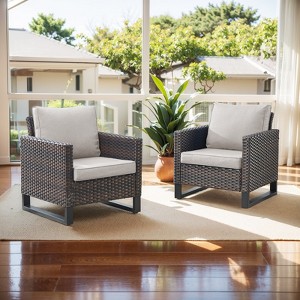 POCASSY Outdoor Wicker Armrest Chairs Set of 2, Brown Wicker Rattan Patio Chairs with Square Armrest and Metal Leg, Patio Furniture Chairs for Porch - 1 of 4