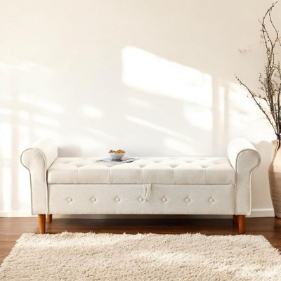 Alilang 61.81 inches Upholstered Tufted Storage Bench with Rolled Arms and Wooden Legs-Beige