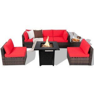 Tangkula Set of 7 Patio Furniture Set w/ 28" 50000 BTU Propane Gas Fire Pit Table Cushions - 1 of 4