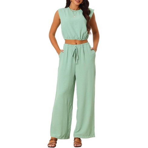 Women Summer Fashion 2 Piece Set Crop Top & High Waist Pants Set