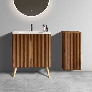 Etna 30" Striped Walnut Bathroom Vanity with Sink & Side Cabinet, Freestanding Vanity & Floating Storage Cabinet Combo for Modern Bathroom, KD - 1 of 4