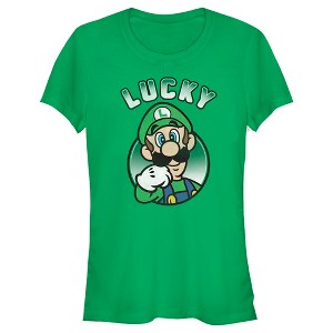 Juniors Womens Nintendo Super Mario St. Patrick's Day Lucky Luigi Retro T-Shirt - 1 of 4