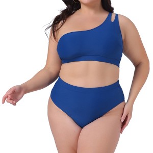 Agnes Orinda Women's Plus Size High Waisted Two Piece One Shoulder Keyhole Swimsuit Bathing Bikini Suits - 1 of 4