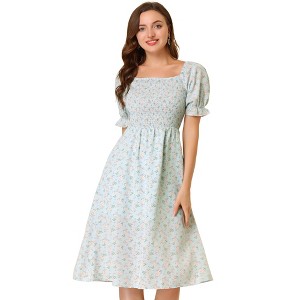 Allegra K Women's Cottagecore Floral Square Neck Puff Sleeves Summer Midi Smocked Dress - 1 of 4