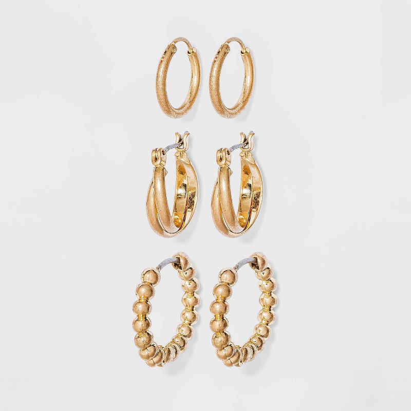 Bead and Twister Hoop Earring Set 3pc - Universal Thread&#8482; Gold, 1 of 6