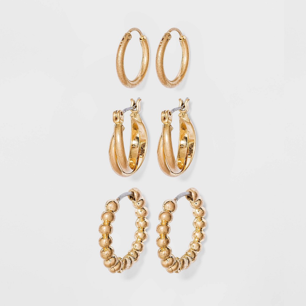 Photos - Earrings Bead and Twister Hoop Earring Set 3pc - Universal Thread™ Gold