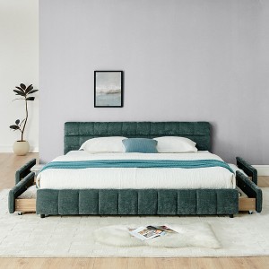 King Size Chenille Grounded Beds Frame with 4 Storage Drawers, Upholstered Floor Bed with Headboard and Solid Frame, No Box Spring Needed - 1 of 4