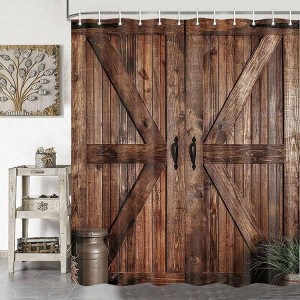 Rustic Barn Door Shower Curtain, 72x84inch, Vintage Western Bath Decor with Hooks - 1 of 4