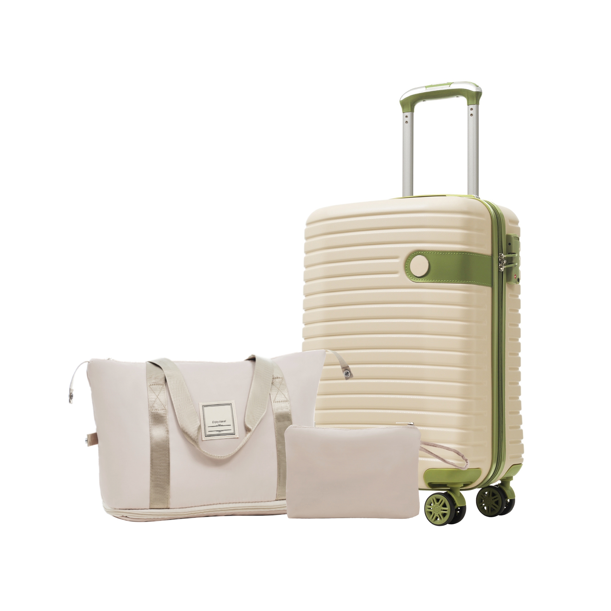 3 PCS ABS Lightweight Hard Shell Carry on Luggage(20") with Travel Bag, Spinner Wheels and TSA Lock, White Green - ModernLuxe