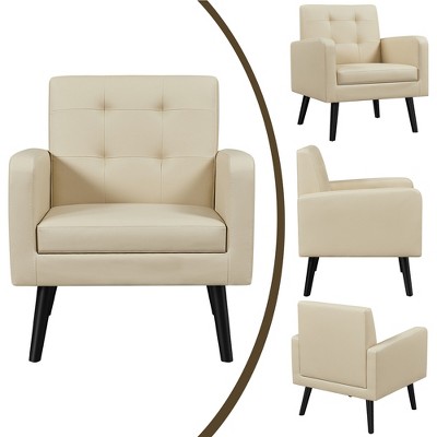 Beige Faux Leather Mid-Century Modern Accent Chair