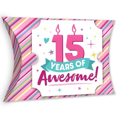 Big Dot of Happiness Girl 15th Birthday - Favor Gift Boxes - Teen Birthday Party Large Pillow Boxes - Set of 12