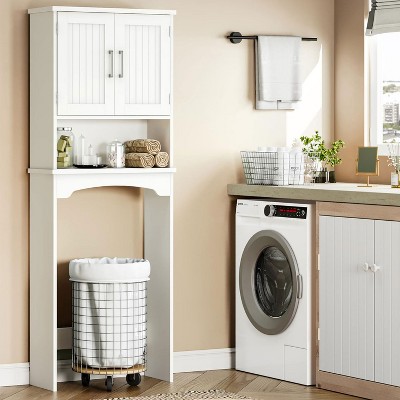Whizmax Over The Toilet Storage Cabinet, Double Door Bathroom Storage Organizer with Anti-Tip Device, Freestanding Space Saver with Open Shelf, White