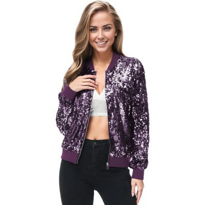 Anna-kaci Sequin Bright Color Bomber Zip-up Solid Jacket - Large ...