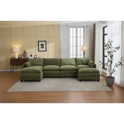 Hyleory Corduroy U-Shaped Sectional Sofa, 4-Seater Couch with 2 Movable Ottomans, Modular Living Room Furniture