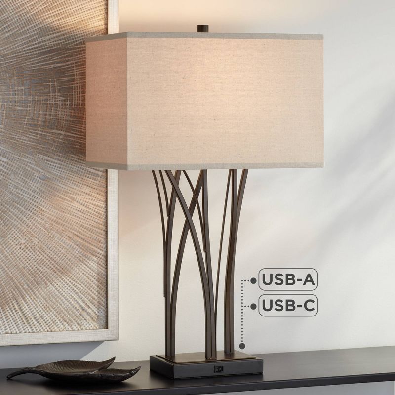 Possini Euro Design Verity 29" Tall Reed Farmhouse Rustic End Table Lamp Dual USB Ports Brown Bronze Finish Metal Single Living Room Charging, 2 of 10