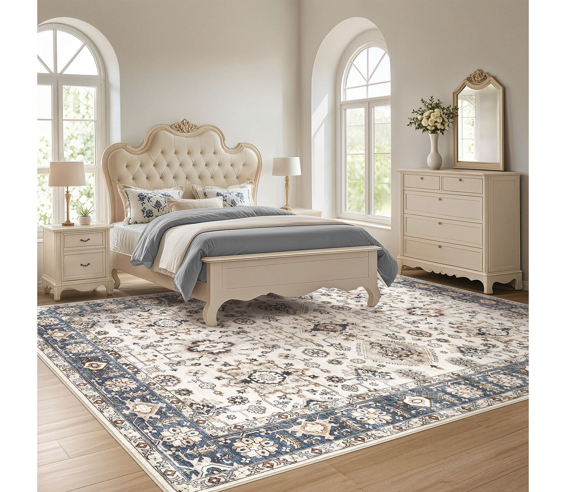 8x10 Ft Boho Rug Navy Blue Non Slip Faux Wool Low Pile Washable for Home Decor