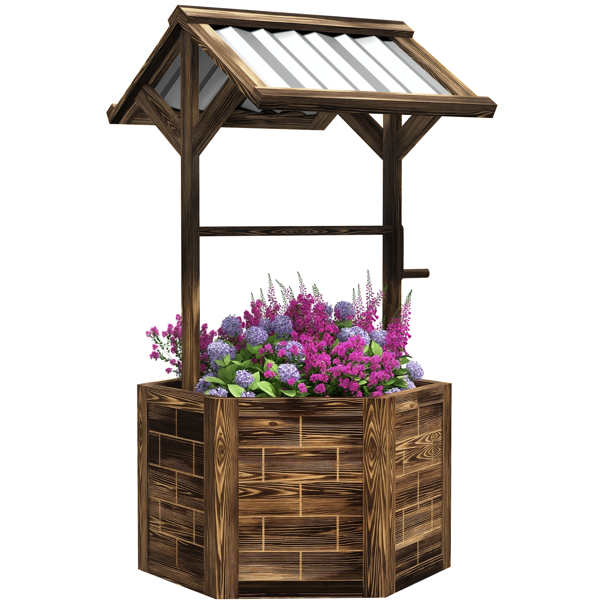 Outsunny Wooden Wishing Well Planter, Hexagon Raised Flower Bed with Galvanized Canopy, Outdoor Garden Box for Flowers and Vegetables, Tan