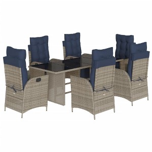 vidaXL 7-Piece Poly Rattan Patio Dining Set - Adjustable Reclining Chairs, Tempered Glass Table, Washable Cushions in Gray and Navy Blue - 1 of 4
