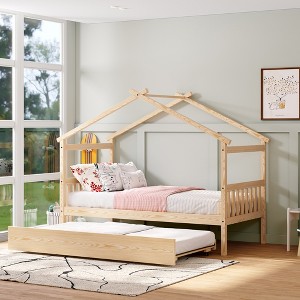 Twin Size Wooden House Bed with Twin Size Trundle for Kids or Teens Bedroom - 1 of 4