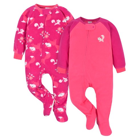 Gerber Baby Girls' Fleece Footed Pajamas, 2-Pack, Pink Fox, 12 Months
