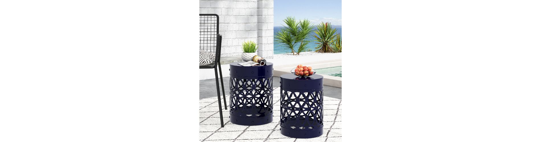 Lyngins 2-Pack Blue Iron Cut Outdoor End Tables, Cylindrical Patio End Table, Outdoor Side Table with Overlapping Circle Pattern