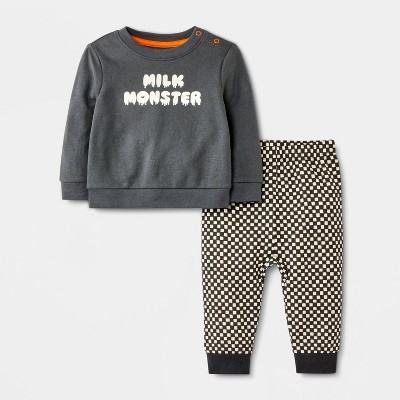 Baby Halloween Checkered Milk Monster French Terry Sweatshirt & Jogger Pants Set - Cat & Jack™ Black