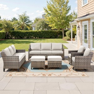 Buenhomino High Back Patio Furniture Set, Outdoor Conversation Set with Sofa, Swivel Rocker Chairs & Ottomans, Ideal for Porch Pool Deck Yard - 1 of 4