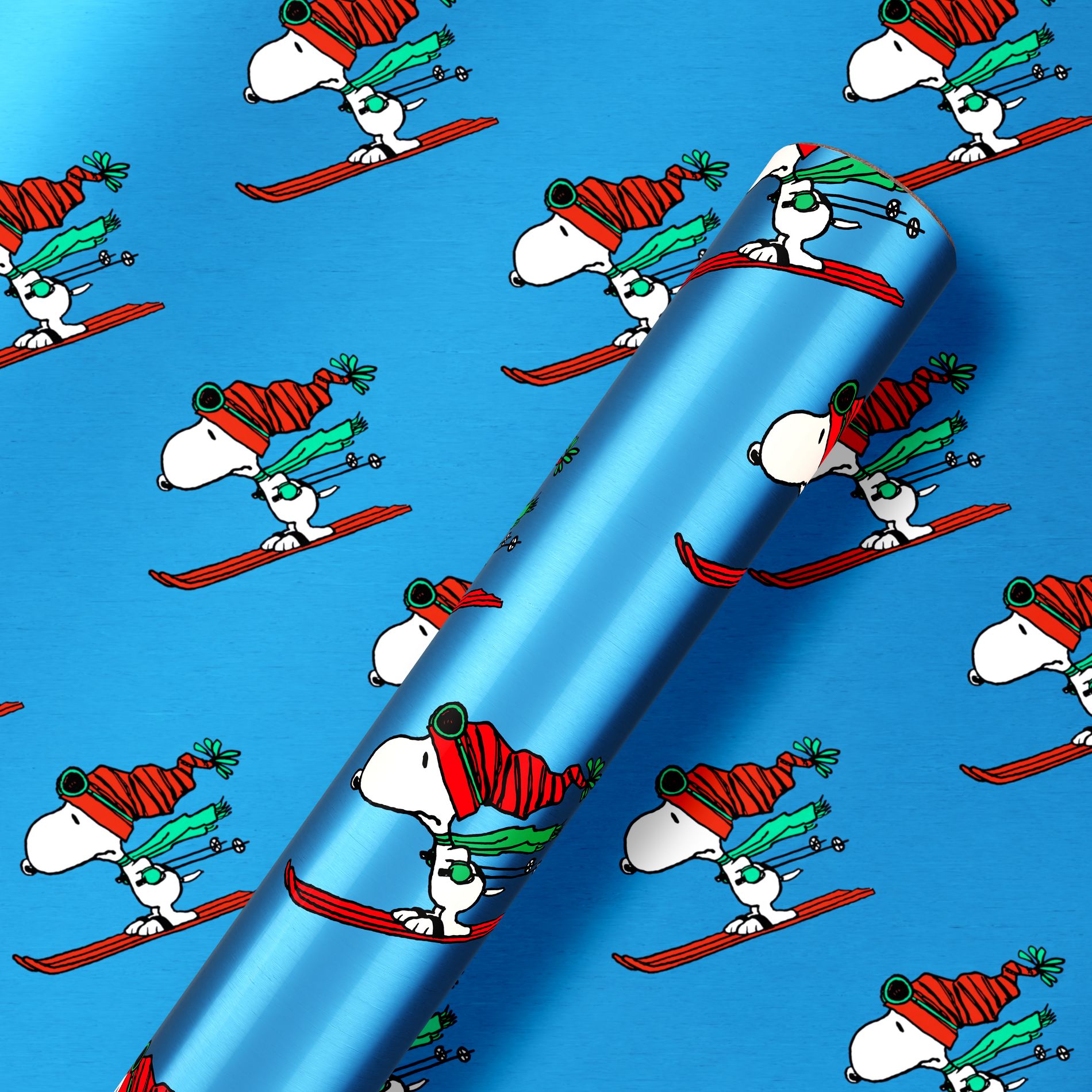 American Greetings 30" 25 sq ft Metallized Peanuts Snoopy Skiing on Blue Gift Wrap