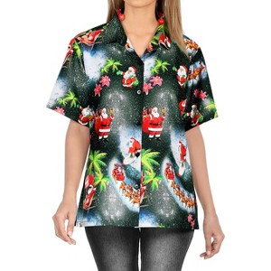 LA LEELA Women's Beach Funny Santa Claus Party Vacation Blouse Shirt Tops Short Sleeve Summer Hawaiian Christmas Dresses for Women - 1 of 4