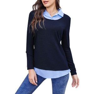 Clearlove Women's Casual Contrast Collar Shirt Long Sleeve Slim Fit Tunics Top - 1 of 4