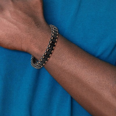 Chisel Stainless Steel Polished Rose IP-plated Cable and Black Leather 8.5" Bracelet