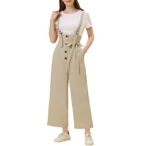 Allegra K Women's High Waist Wide Leg Belted Button Long Overalls Jumpsuit - 1 of 4