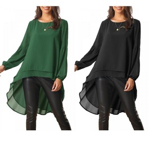 INSPIRE CHIC Women's Lantern Long Sleeve Round Neck High Low Irregular Hem Casual Blouse 2 Packs - 1 of 4