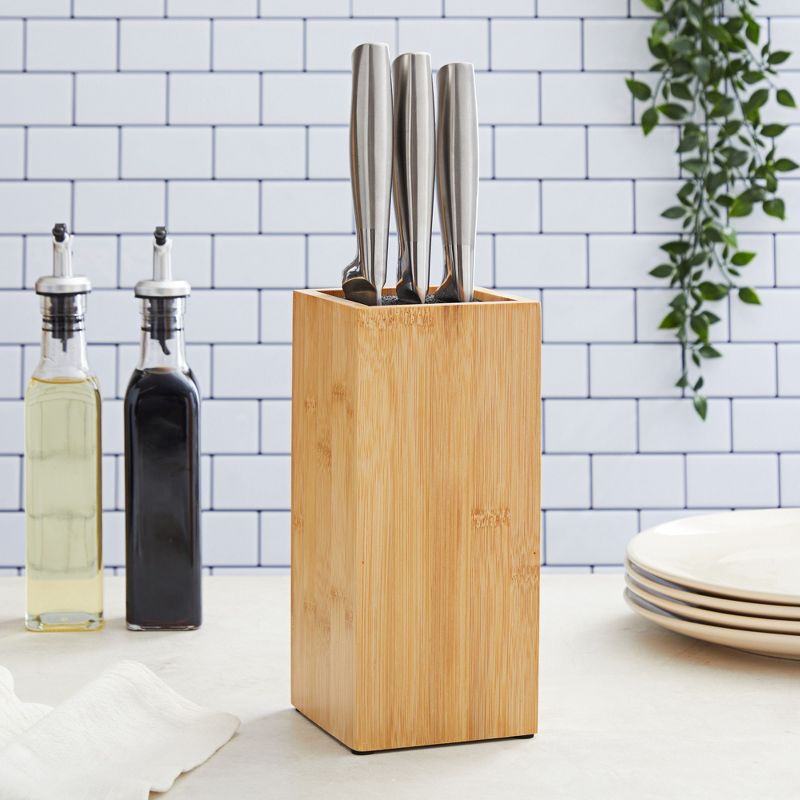 Juvale Bamboo Knife Block with Bristles, Natural Wood Universal Knives Stand Holder for Home Kitchen, Restaurant, 4x4x9 Inches, 3 of 11