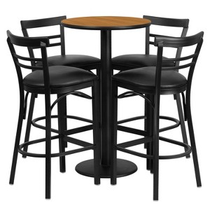 Emma and Oliver 24RD Natural Table Set-RD Base-4 2Slat Back Stools,Black Seat - 1 of 2