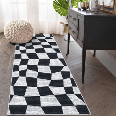 Modern Runner Rug 2x6 Washable Kitchen Rugs Non Slip Warped Checkered Pattern Carpet Runner Low Pile Foldable Geometric Throw Rug for Entryway