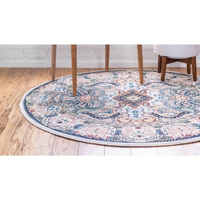 Ivory and Blue Round Floral Synthetic Area Rug, 5' 1"