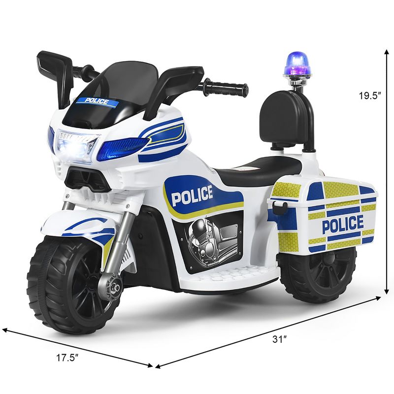 Costway 6V Kids Ride On Police Motorcycle Trike 3-Wheel w/ Headlight and Flashing Siren, White, 3 of 11