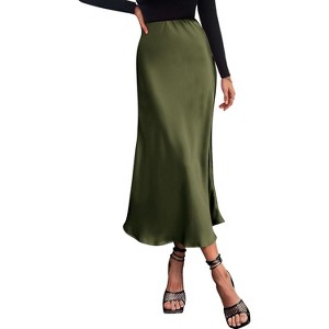 Women's 2025 Satin Midi Skirt - Elegant High Waist A-Line for Cocktail & Wedding Events Light Army Green - 1 of 4