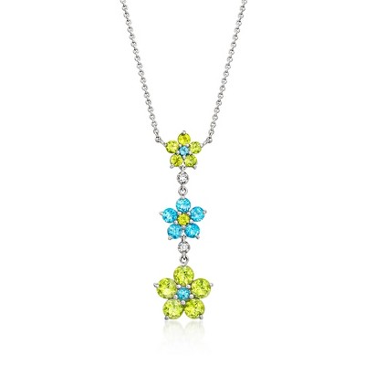 Ross-Simons 1.50 ct. t.w. Peridot and .70 ct. t.w. Swiss Blue Topaz Floral Y-Necklace With White Topaz in Sterling Silver Size 18