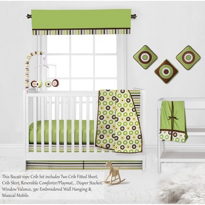 Bacati - Mod Dots Stripes Green Yellow Beige Brown 10 pc Crib Bedding Set with 2 Crib Fitted Sheets