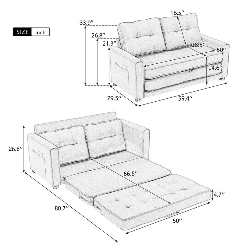 59.4" Upholstered Loveseat Sofa Couch, Pull-Out Sofa Bed with Side Pocket-ModernLuxe, 3 of 16