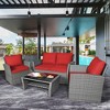 Costway 4PCS Patio Rattan Furniture Set Sofa Table W/Storage Shelf Red\Gray Cushion - 2 of 4