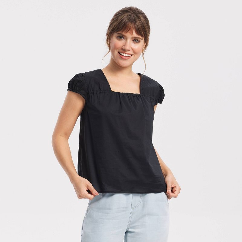 Women's Puff Cap Sleeve Square Neck Top - Universal Thread™ Black XS