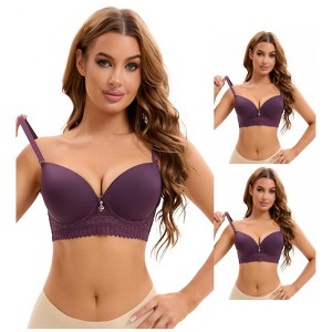 INSPIRE CHIC 3 Pcs Women's Lace Trim Underwire Adjustable Straps Plus Cup Size Push Up Bras - 1 of 4