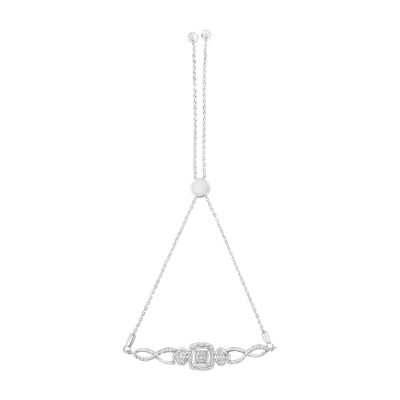 Haus of Brilliance Silver Diamond Cushion Frame Heart-Sides Twist Bolo Tennis Bolo Bracelet