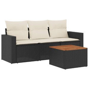 vidaXL Patio Sofa Set with Cushions Outdoor Furniture 4 Piece Poly Rattan - Black and Cream - 1 of 4