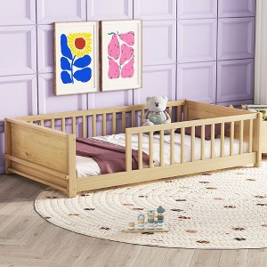NicBex Twin Size Wood Montessori Bed with Built-in Book Storage Rack,Floor Bed with Safety Guardrails,Modern Toddler Bed for Bedroom,Natural - 1 of 4