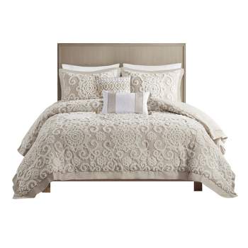 LIVN CO. 3D Tufted Embroidered Medallion Cotton Chenille Comforter Set, Taupe - Full/Queen